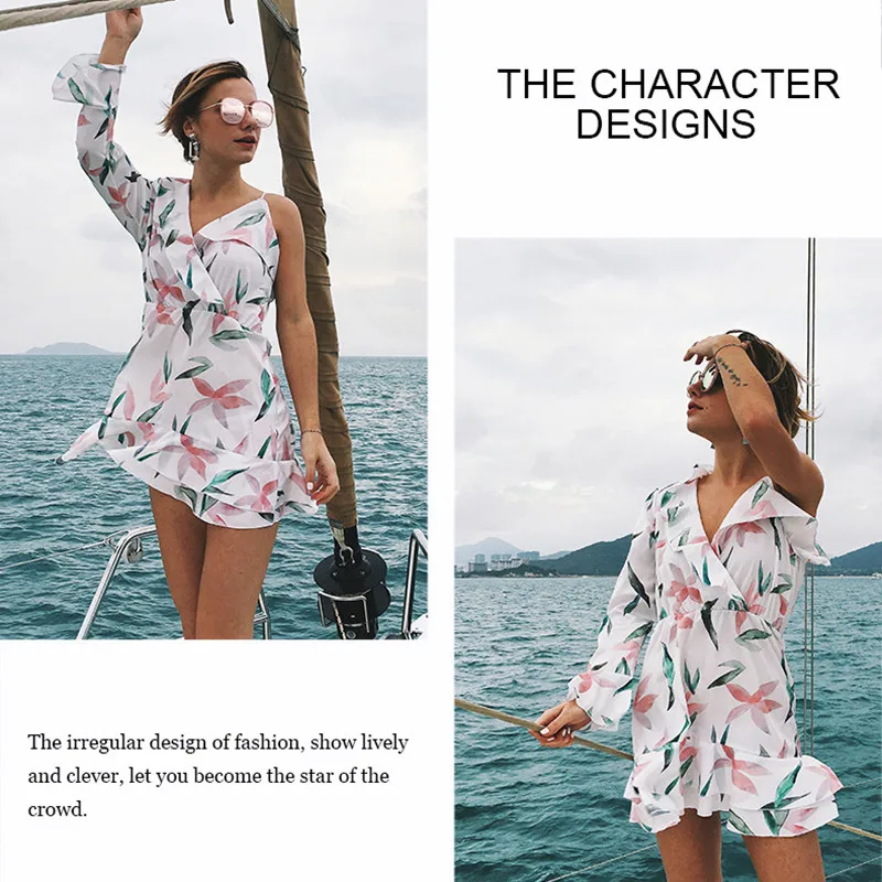 Floral Sexy Beach Dress long Sleeve Irregular Women Summer Dress Ruffles Sash Bow Tied Elegant Clothes Vestidos