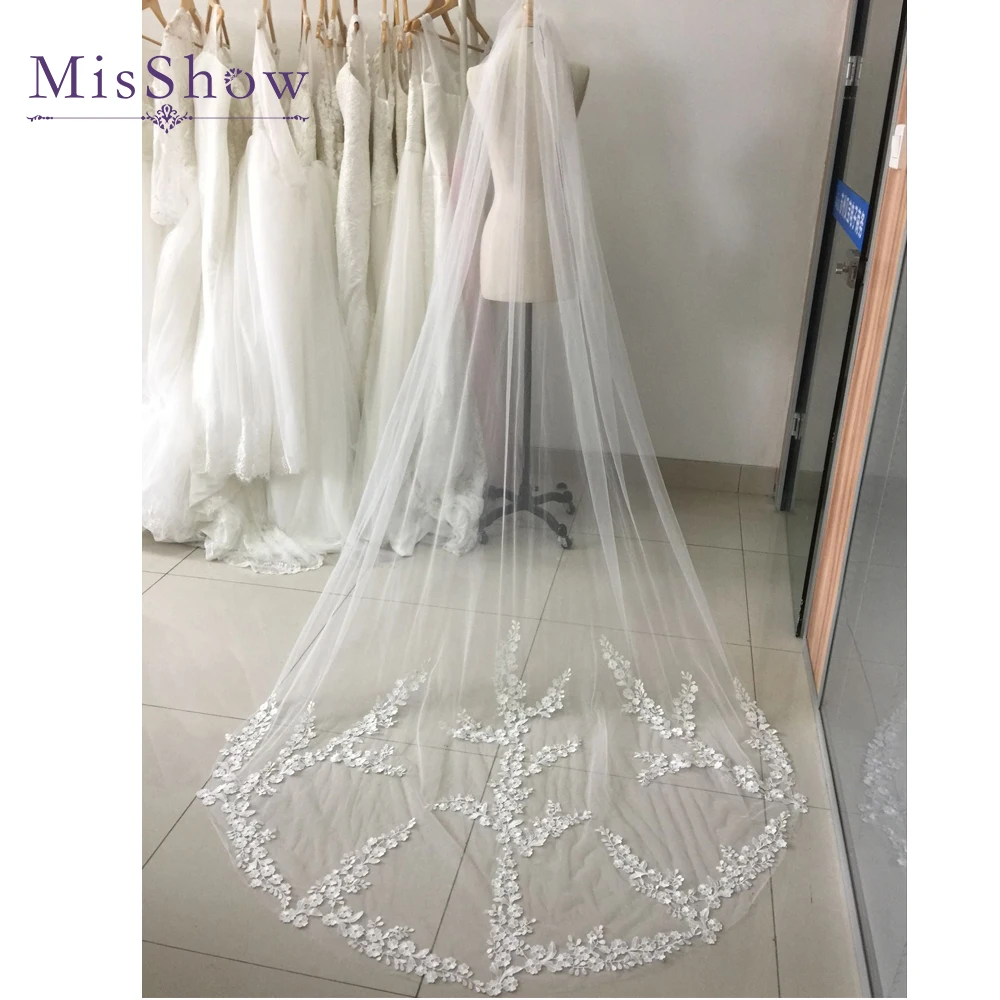 

Real Photo Cheap One Layer White Ivory Cathedral Wedding Veil with Comb Lace Tulle Applique Long Bridal Veil Wedding Accessories