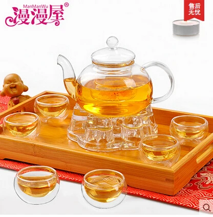 600 мл термостойкий стеклянный чайный сервиз/чайник, чайный сервиз, включающий 6 двойных чашек+ грелка, стеклянный чайник