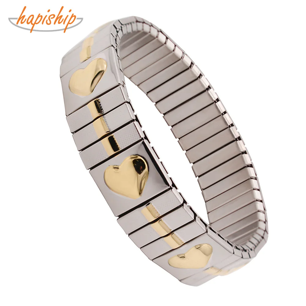 

Hapiship Latest Trend Among Western 2019 Women Men's Classic Elastic Stainless Steel Cool Gold Heart Bracelet Bangle MY12-15mm