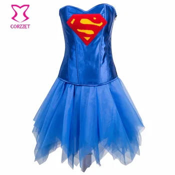 

Blue Satin Overbust Corset Mesh Skirt Tutu Sexy Corset Dress Korsett For Women Superhero Corsets and Bustiers Burlesque Costumes