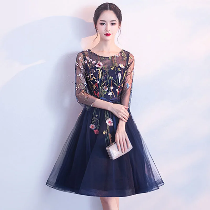 Champagne Women Cocktail Mini Dress Lace Vestido De Noche Elegante Embroidery Flower Formal Gown Sexy Belt Robe De Soiree