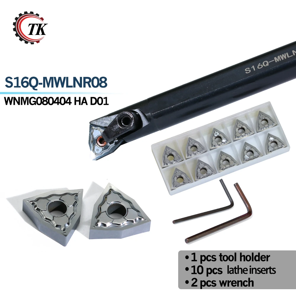 

10pcs WNMG080404 Carbide Inserts turning tool and 1pcs S16Q-MWLNR08 Turning Tool Holder and 1pcs Wrench CNC Turning Tool