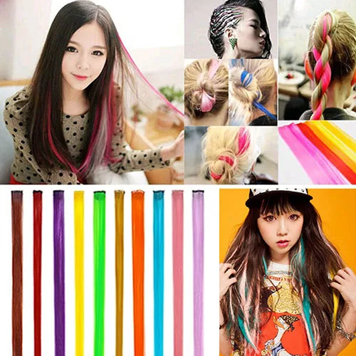 

New Arrival Women's Multi Color Long Straight Synthetic Clip In On Hair Extensions Piece 2016 BV7H