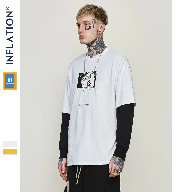 INFLATION Men Clothing Cartoon Funny Printed T-shirt Cotton Fashion High Street Couple Tees Streetwear Swag Top Tee 91195S