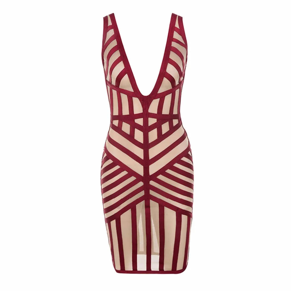 2018 Wine Red V Collar Sleeveless Mini Bandage Dress Sexy Over Hip Bodycon Dresses