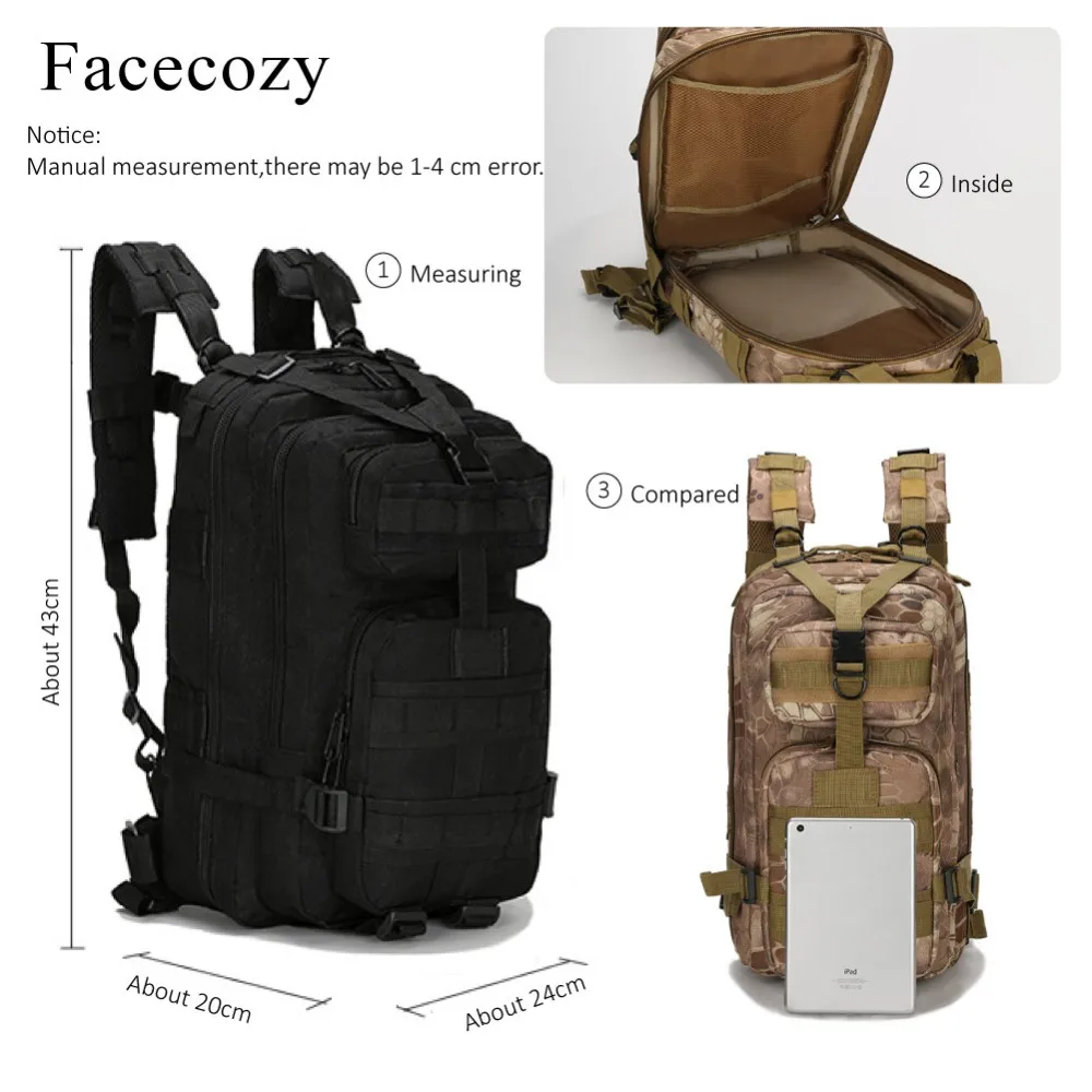 Facecozy المشي في الهواء الطلق العسكرية التكتيكية على ظهره التمويه 600D النايلون الرحلات السفر كيت حقيبة 25-30L صغيرة حقيبة الرياضة