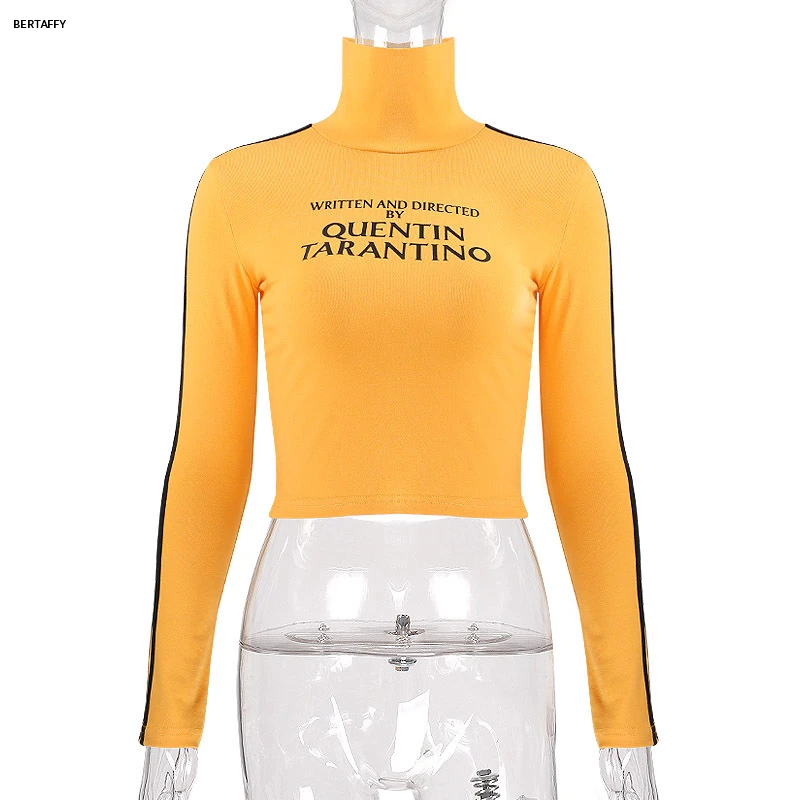 Написанная и направленная Квентин Тарантино короткая футболка женская желтая Сексуальная укороченная футболка Tumblr в полоску с длинным рукавом хлопковая Футболка с принтом