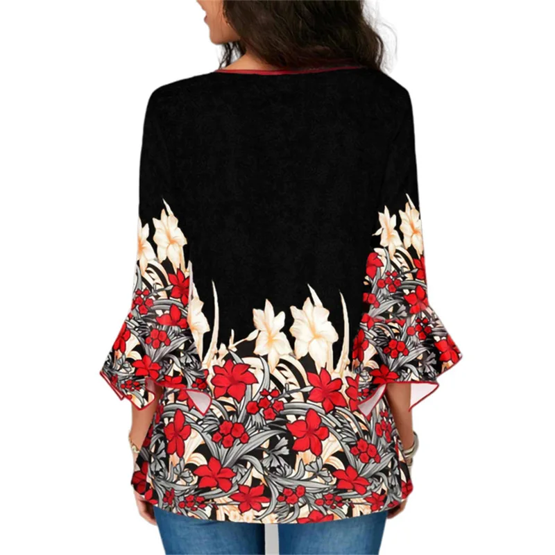 2019 Spring and autumn Long Sleeve Floral Print V-neck Womens V Neck Short Sleeve Curved Hem Tie Dye Business Tunic Blouse