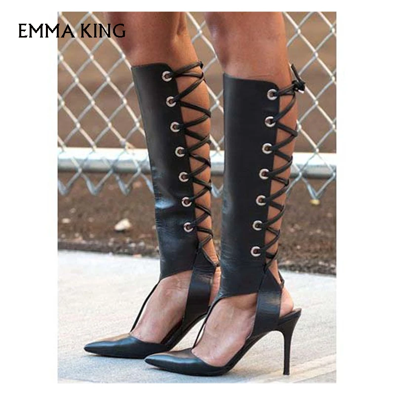 

New Black Leather High Heels Women Sexy Back Cross-tied Pointed Toe Knee High Boots Unique Party Shoes Woman Free Shipping