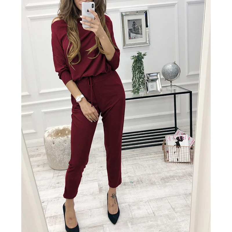

Women Summer Long Sleeve Solid Slim Elasticed Waist Casual Fashion Jumpsuits Female European Style Sportswear Jumpsuits SJ3283E