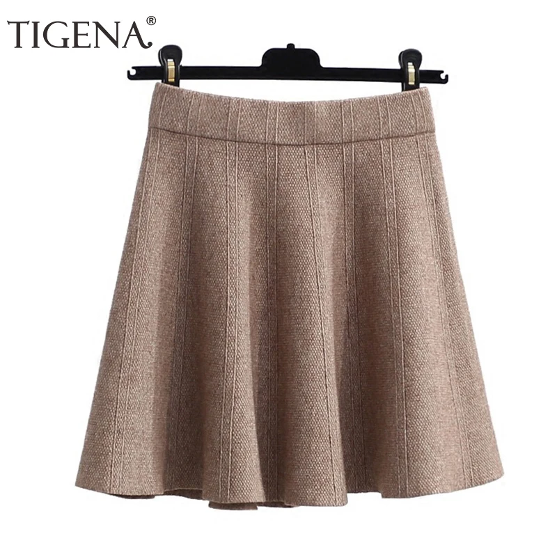 TIGENA Warm Knitted Skirts Womens Autumn Winter Elastic High Waist Pleated Mini Skirt Female Black Khaki Gray Skirt Girls