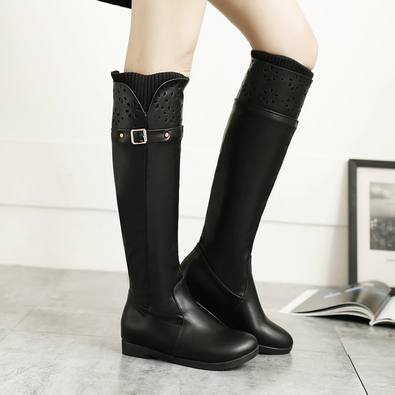 

2016 NEW Fashion Winter Women Boots PU Leather Round Toe Female Boots Slip-on Up Hollow Out Flat Shoes 3 Colors