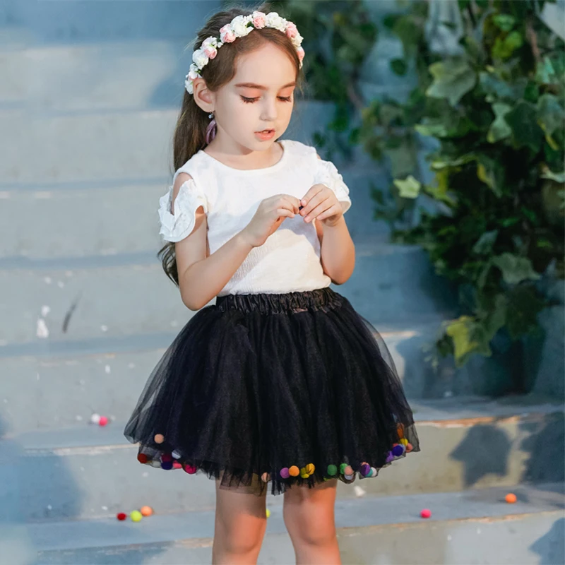 B&N Soft Chiffon Elastic Waist Girl Princess Pettiskirts Children Dance Solid Tutu Skirts Coloful Pompom Tulle Skirts For 2-8T9