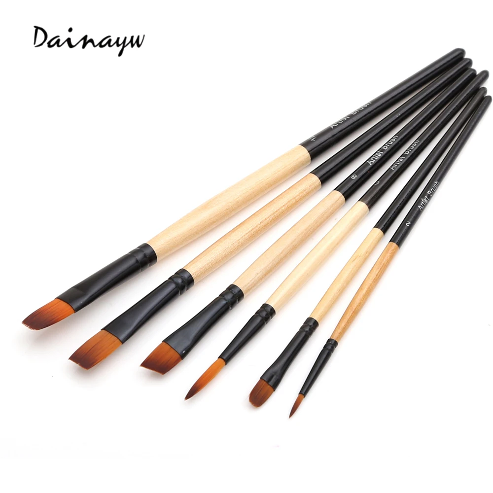 Beste 6 Stks set Nylon Haar Houten Handvat Kwast Aquarel Olieverf Acrylverf Borstel Pen Voor Kids Student Tekening Art Supplies