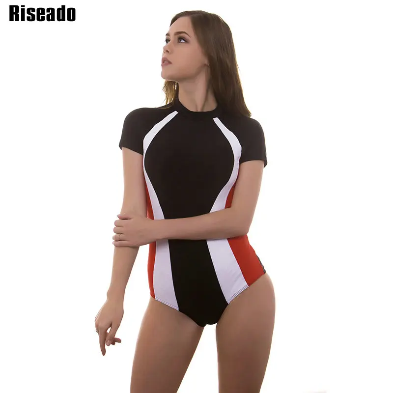 Riseado جديد 2019 قطعة واحدة ملابس السباحة قصيرة الأكمام خليط ملابس السباحة النساء تصفح الدعاوى الرياضة مايوهات للنساء