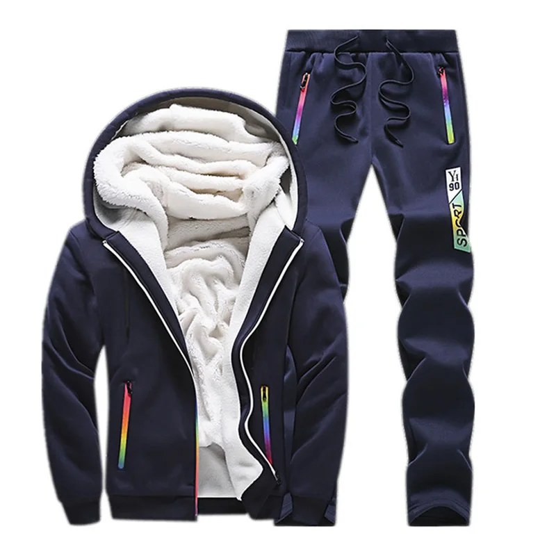 Casual Sweat Suits Men Clothes Winter Tracksuit Mens Set Two Piece Inner Fleece Thick Hooded Jacket+ Pants Man Track Suit - Цвет: EM118  Dark Blue