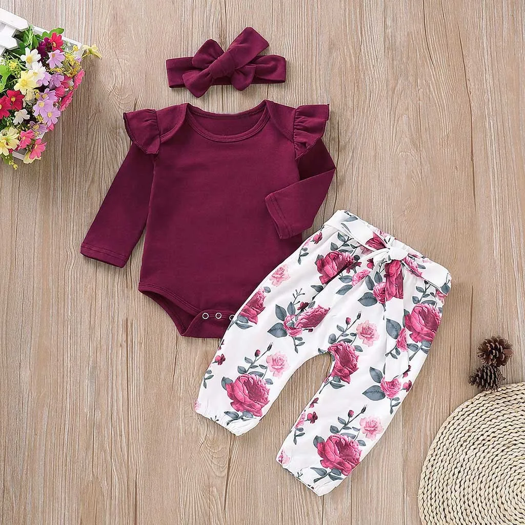 

Clothing Set Girls Fashion Suit Toddler Baby Girls Long Sleeves Romper Tops+Floral Pants+Bow Headbands Set Beautiful Outfits
