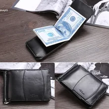 Hot sale Solid Leather Men Money Clip Wallet Slip Metal Short Wallet Men Leather Wallet 2 Folds Open Clamp Clip For Cash