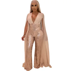 Women's Chiffon Split Long Sleeve Sequin Jumpsuit V-Neck Patchwork Loose Wide Leg Romper Evening Sparkly Jumpsuit Overalls