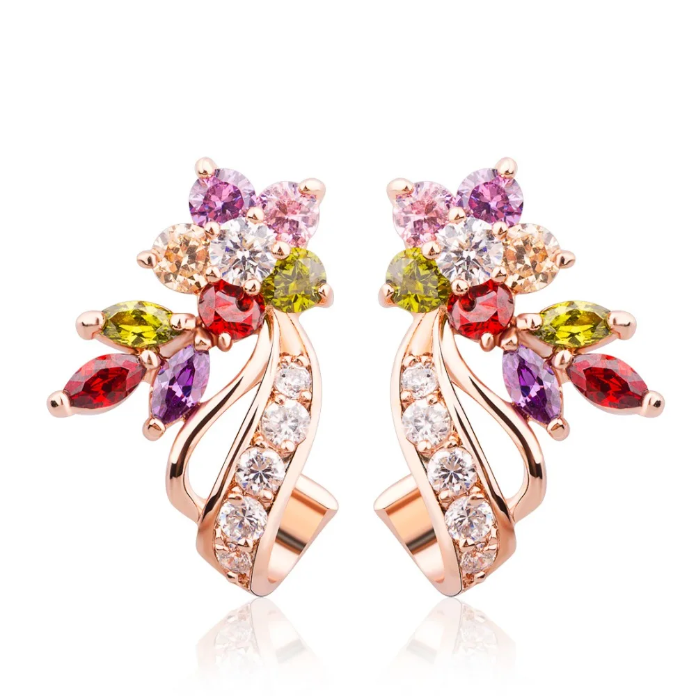 

BISAER Gold Flower Stud Earrings with Multicolor AAA Zircon Stone Birthday Gift Jewelry HME019