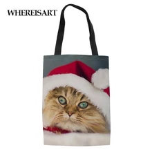 WHEREISART Рождественская кошка печать Экологичная хозяйственная сумка дорожная многоразовая сумка наплечная тканевая сумка складной органайзер
