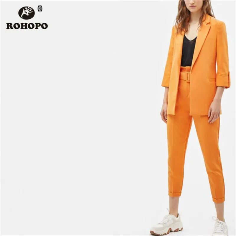 ROHOPO Women Orange Blazer Office Ladies Autumn Outwears British Notched Chic Female Solid Draped Sleeve Blazers #BM2189
