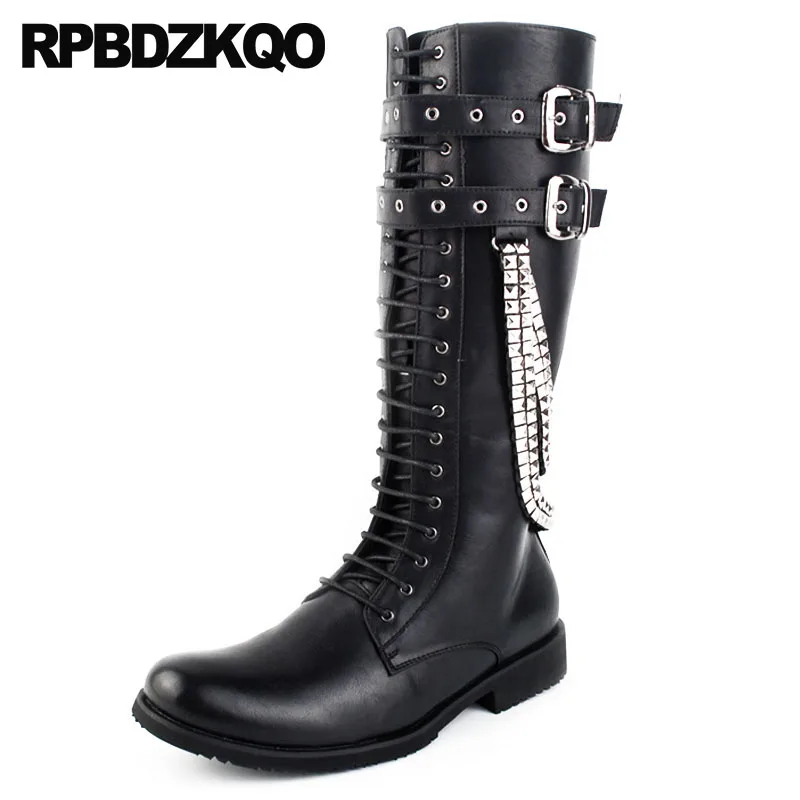 

Mens Knee High Leather Boots Embellished Rock Runway Motorcycle Zipper Riding Punk Tall Waterproof Lace Up Black Shoes Metalic