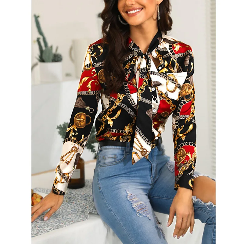 2019 Women Chain Print Casual Shirt Bow Front Office Lady Street Wear Long Sleeve Spring Fall Fashion Shirts |