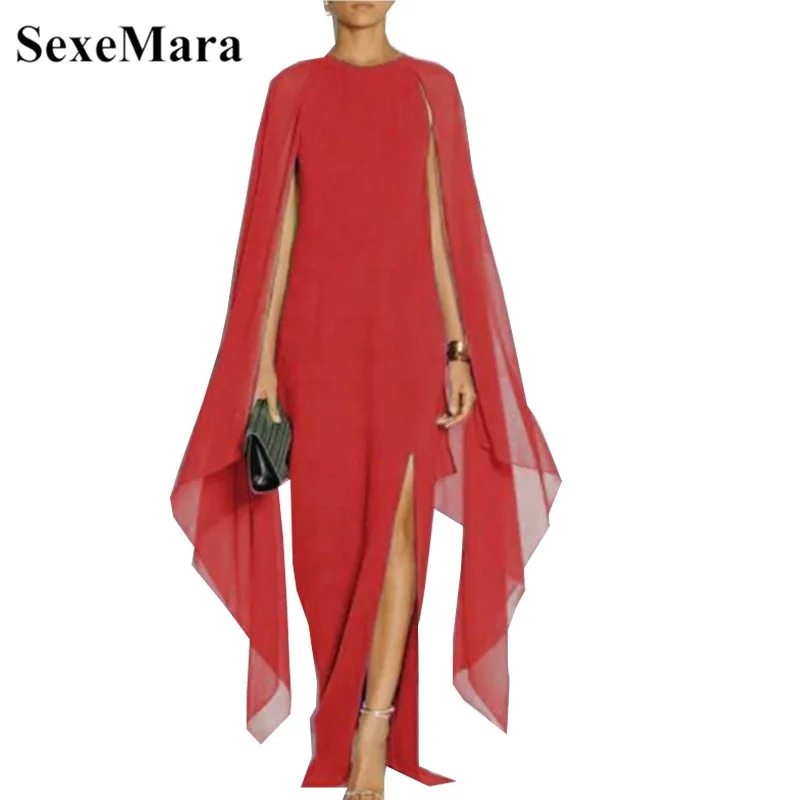 

2019 Sexy Women's O Collar Color Party Dress Batwing Sleeved Elegant Summer Chiffon Maxi Dress Side High Split Dress Women