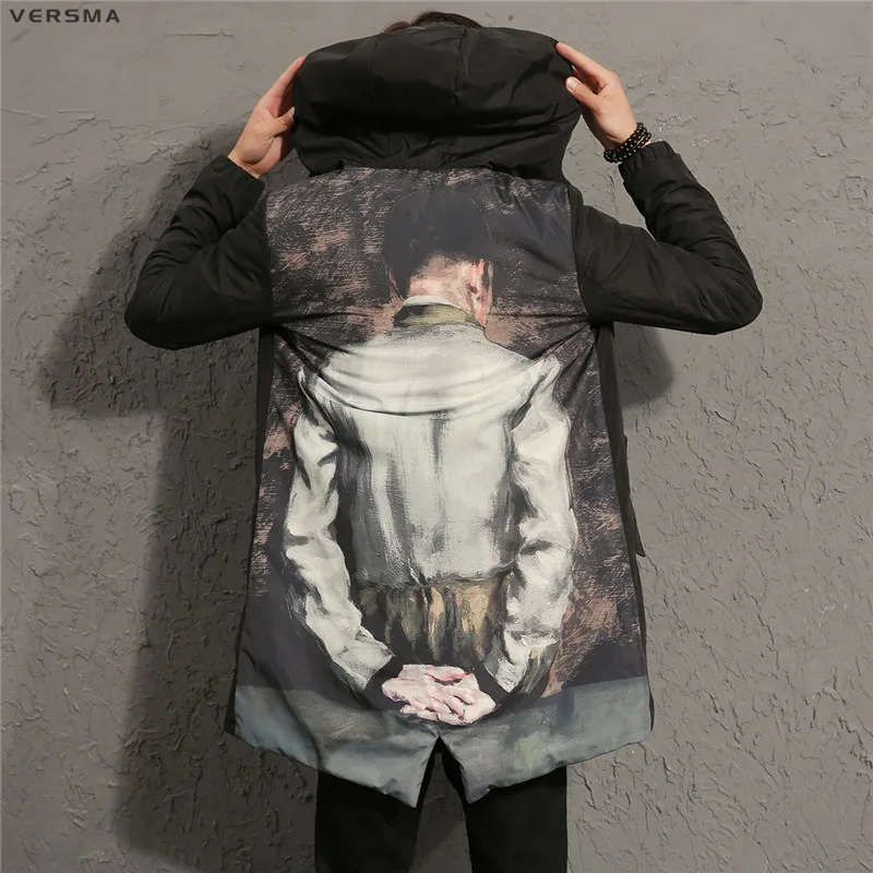 VERSMA Корейская харуджку Ulzzang куртка-бомбер с принтом граффити s пальто Мужская хип-хоп длинная куртка-бомбер мужская ветровка - Цвет: Black