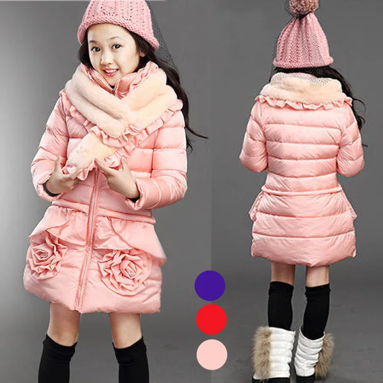 

Winter Children Warm Mid-long Cotton Coat Kids Detachable Fur Collar Zipper Long Sleeve Thickening Outerwear Flower Girls Parka