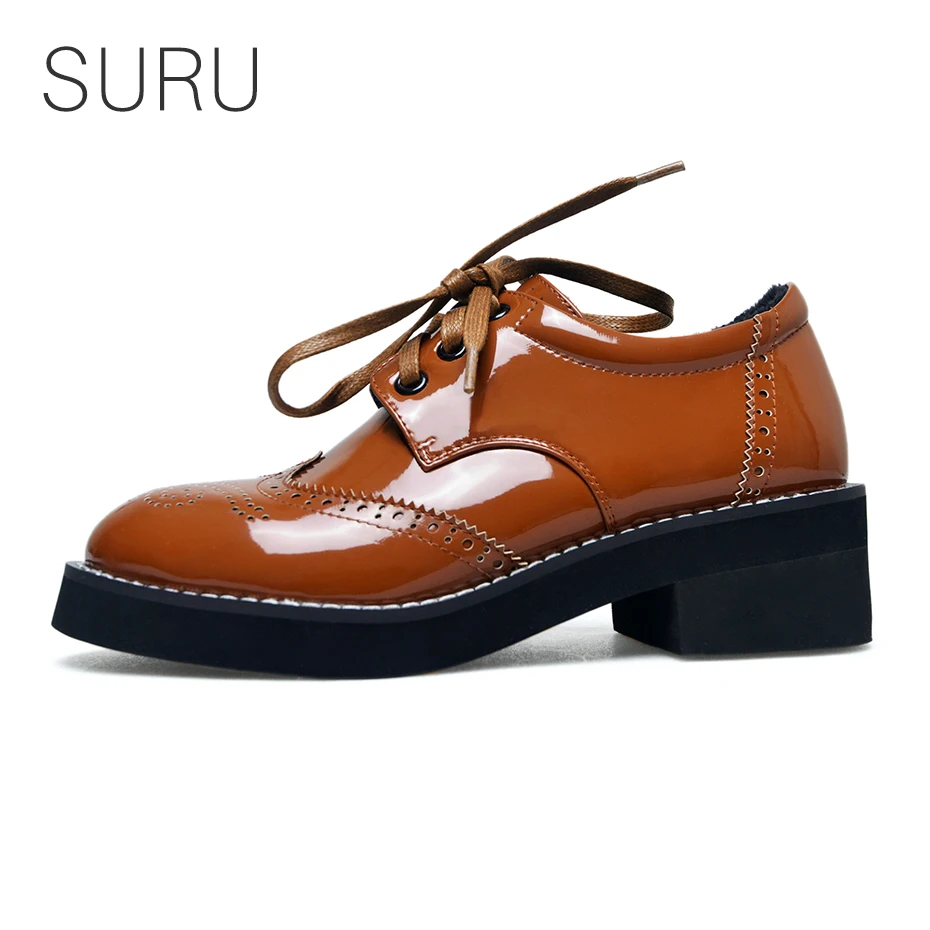 

SURU Patent Leahter Oxford Shoes For Women With Lace Up / Riband Size 33-40, Matte-black / Brown / Patent-black