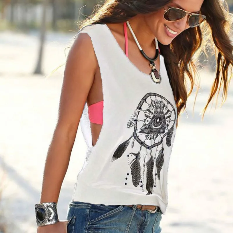 

New Fashion Feather Print Tshirts O-Neck Backless Tops Women Summer Causal Sexy Tees Female Sleeveless Loose T-Shirt Mujer F0301