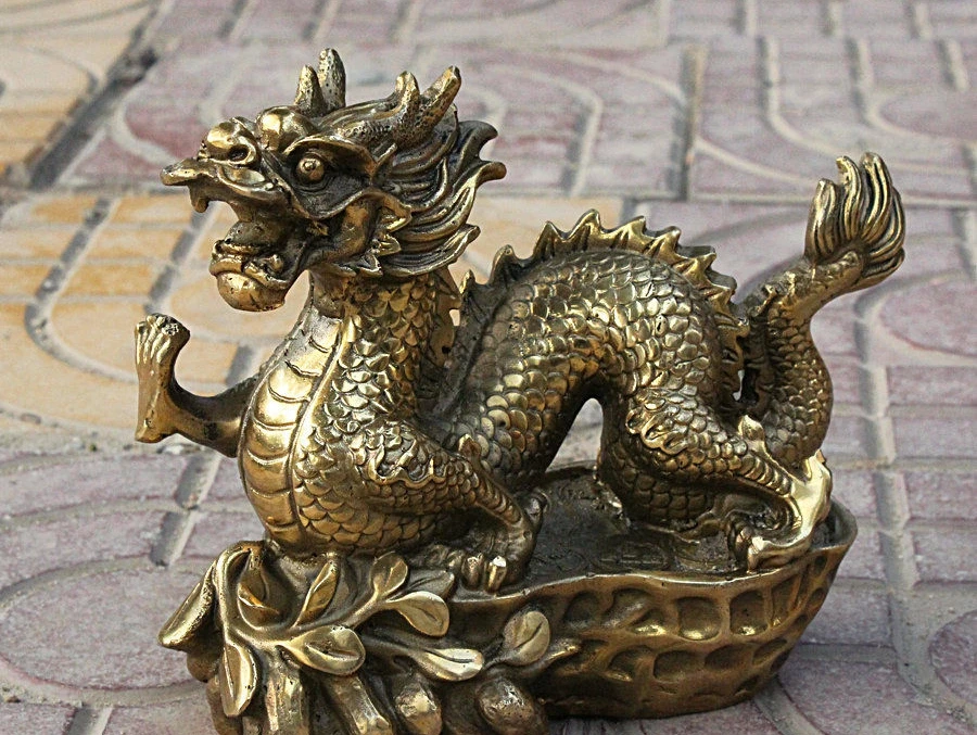 8" Folk Chinese FengShui Copper Brass Evil Fly Dragon On Peanut Statue