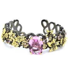 Vintage Big Heavy 53g Pink Kunzite Woman's 925 black gold bangle Silver Bracelet 7.5