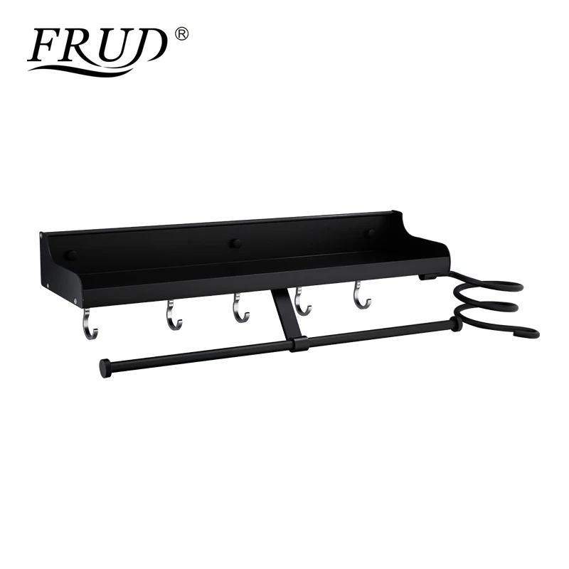 

FRUD Bathroom Shelf Black Space Aluminum Bathroom Shelves Rack with Five Hooks Wall Mounted Corner Multifunction Shelf Y18059