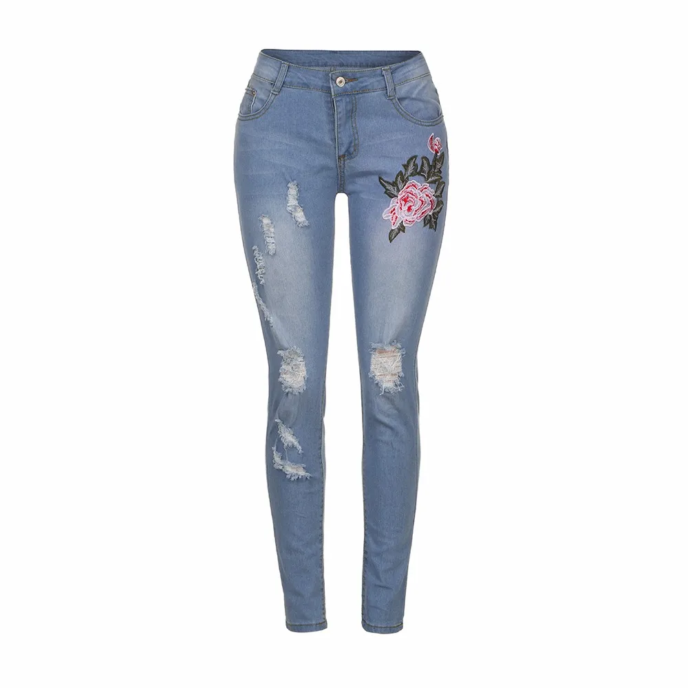 Модные, пикантные женские узкие джинсовые Цветочные стильный джинсы для женщин Повседневное джинсовые брюки с дырками jh0227