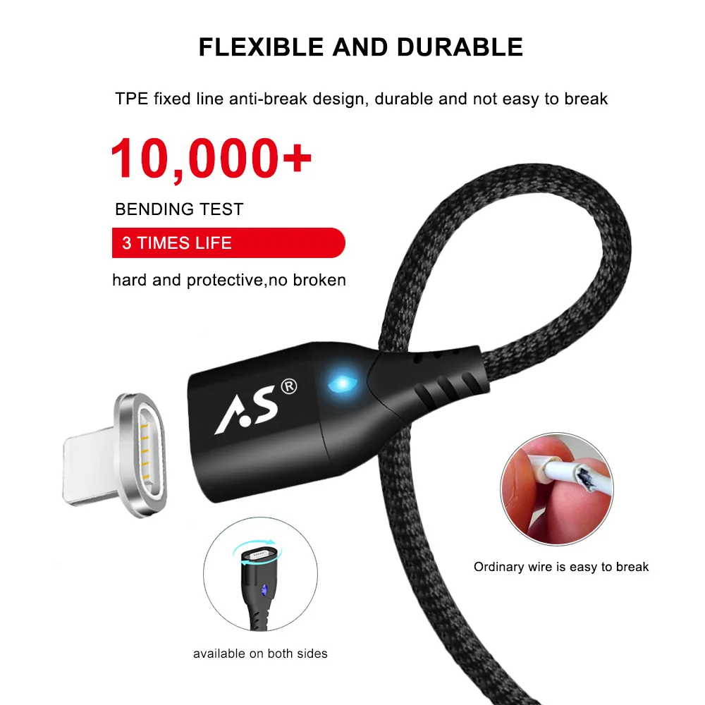 A.S Magnetic USB Cable for iPhone Cable XS Max XR X 8 7 6 Plus 6S 5 iPad Mini Fast Charging Cable Mobile Phone Charger Cord Data