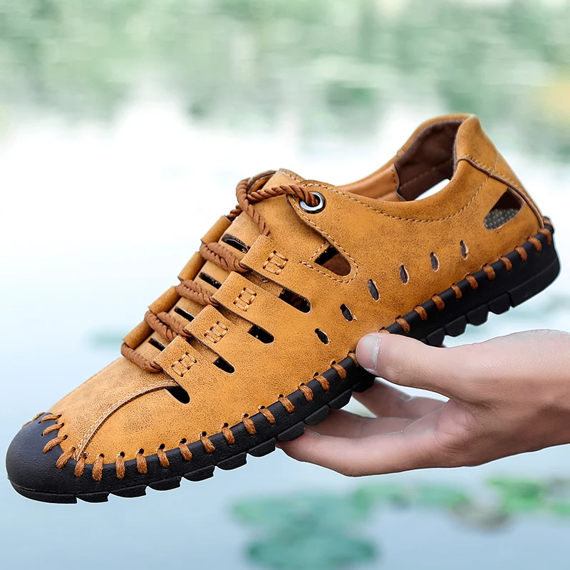 

New Mens Casual Luxury Shoes Genuine Leather Spring Shoes New Beach Men Casual Shoes Outdoor Hole for Man Plus Size 38-48
