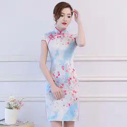 Синий Для женщин Винтаж принт китайское традиционное платье новые летние атласные сексуальные мини Cheongsam элегантные женские плотно цветок