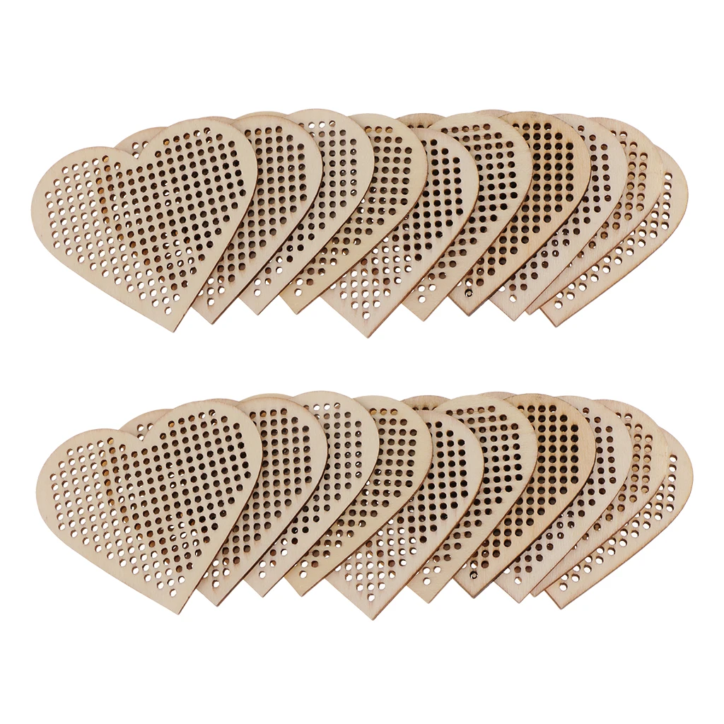 20pcs Oval Round Heart Wooden Cross Stitch Pendant Natural Wooden Embellishment DIY Jewelry Making Craft Wood Charms