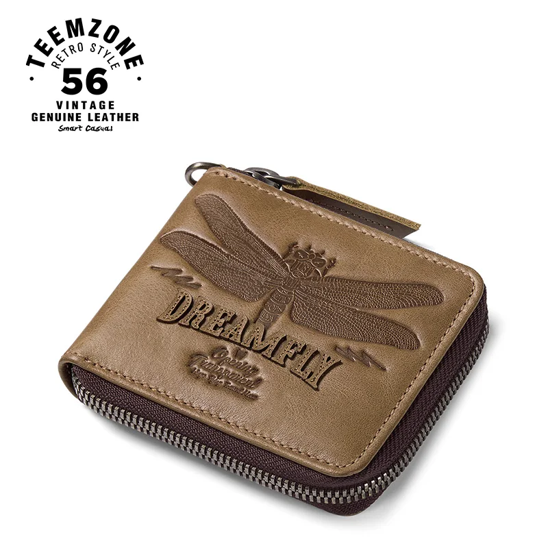 

teemzone Dragonfly Series Men Cowhide Trifold Zipper Wallet Credit Card Holder Cash ID Window Coin Organize Without Chain Q807