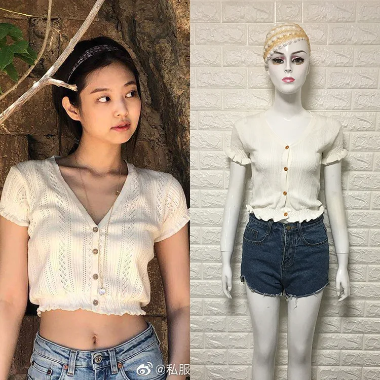 

kpop Blackpink JENNIE Same Fresh sweet Short openwork tshirt women knitting tops female korean sexy V-neck short-sleeved T shirt