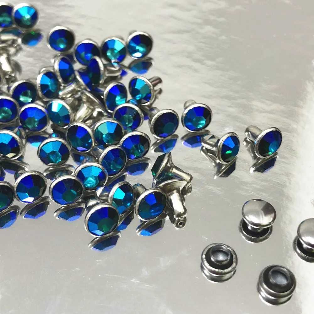 50Sets 6MM CZ+++ Royal Blue Crystals Rhinestone Rivets AB Plated Rivets