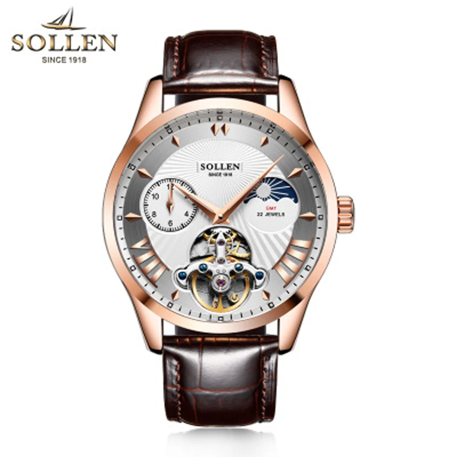 

SOLLEN Fashion Men's Mechanical Watch Waterproof Top Brand Luxury Skeleton Automatic Watch Brown Leather Strap Sport Watches Men