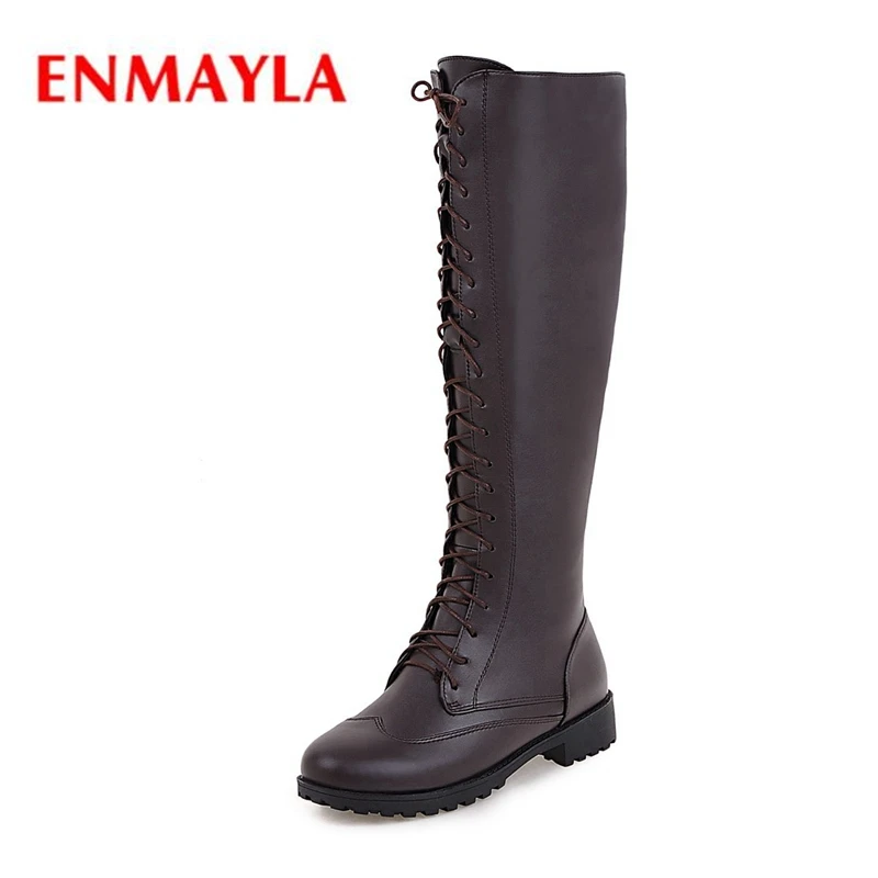 

ENMAYLA 2018 New fashion women LACE-UP flat with knee-high boots lady solid fashion round toe boots ZYL529