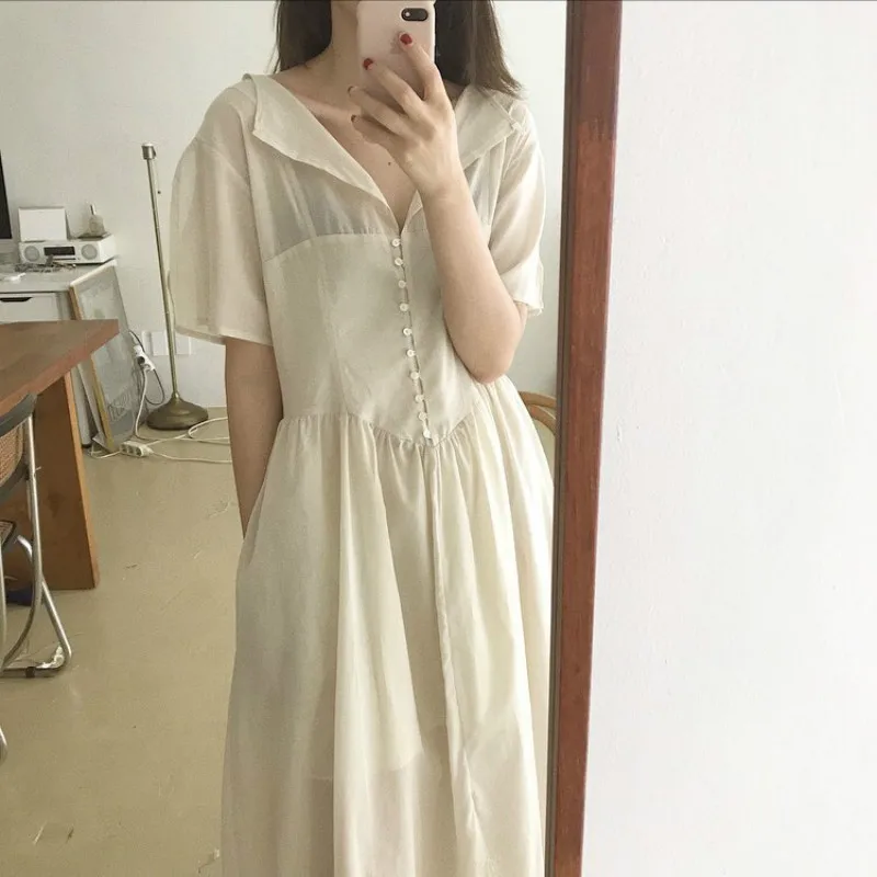

Korean Women Summer Sexy V Neck Beige Long Shirt Dress with Buttons Female A-line Tender Vestidos Robe Femme Ete Casual Jurken