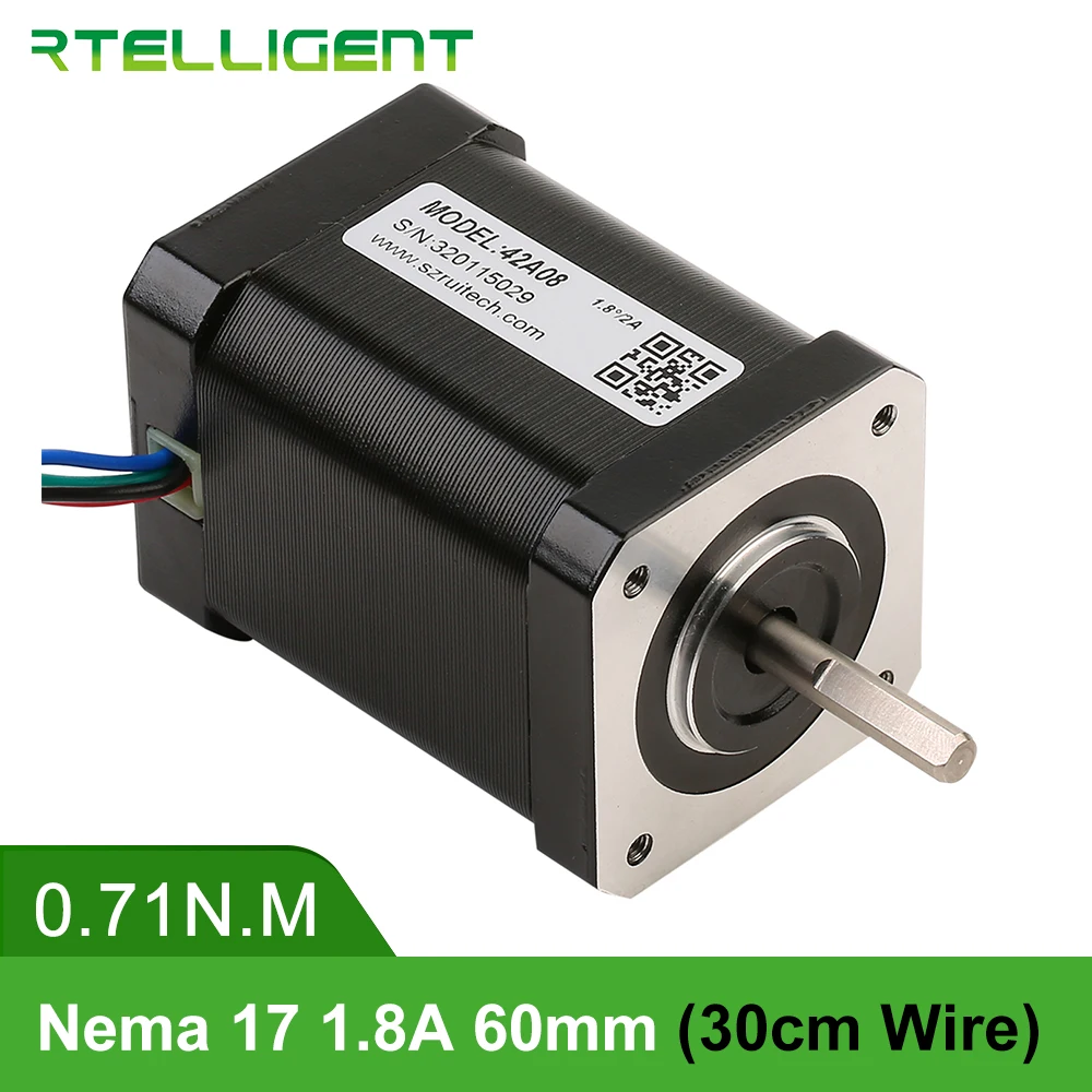 

Rtelligent Nema 17 Stepper Motor 42A08 60mm 71N.cm(100.5oz.in) Nema17 Motor 1.8A 4-lead 30cm Cable for 3D Printer Stepping Motor