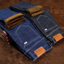 Новинка, мужские зимние джинсы, теплые, облегающие, джинсовые штаны, мужские, черные, синие, утолщенные, джинсовые, брендовые, большие размеры, для мужчин, 38, 40, 42